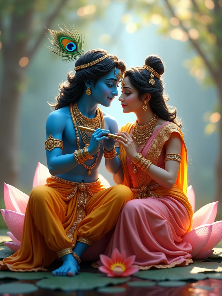 create a 3d image of 20 year old Indian Girl who is sitting next to krishna ji and Krishna ji playing the flute, they both sit together on the mountain, Girl wearing T-shirt Name "putli" written on it, make sure text shout be misspelled, heaven like beautiful view background, peacock dancing,realistic image and Girl is in barefoot.