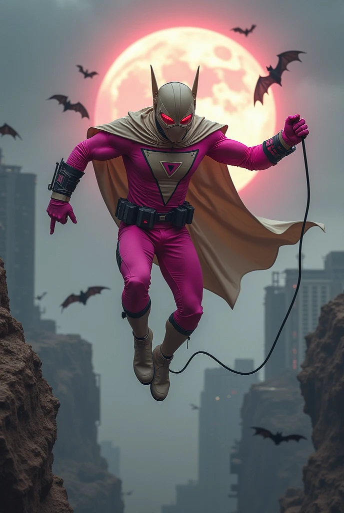 Malaysia man in high-tech suit, vivid effects, malaysian superhero (KELUANG MAN)(( in a striking pink and beige costume cyberpunk design, mask small mini bat ear beige, daredevil beige mask, ))jumpsuit dark pink stands confidently in a dramatic.jumping from high place.hero costume.one hand rise up. Big triangle logo on the chest.high detail Punisher logo on the chest. Fighting pose , stormy landscape. ((Head covered node guard like batman. Running pose , athletic body type, small mini ear bat mask))The character wears domino mask a helmet with pointed mini torn ears and a flowing cape biege, open nose and mouth. Equipped with visible futuristic weapons on a belt,bullet proof jacket pink dark day.show fingers pose, dark night, big supermoon effect . Small logo on chest triangle shape small punisher logo center(( skull triangle Casey Jones mask shape logo)) center on chest pink logo mini logo . rocky. Building top.smoke ground.((jumping from the building Man hangging on the black rope)) , bomb effect background, losse pants, losses costume.adding to --ar 3:4 --style raw --stylize 500 --v 6.1. chaos. Lot of small flying bat. One leg on the high stone. Man. Wear hologram watch.. Real man age 40 year old. One hand holding belt.one hand holding black rope hanging on building. Big pant pink. Beige cape joodie.(( Loose pant)) , jump on high building)marvel , X-Men.