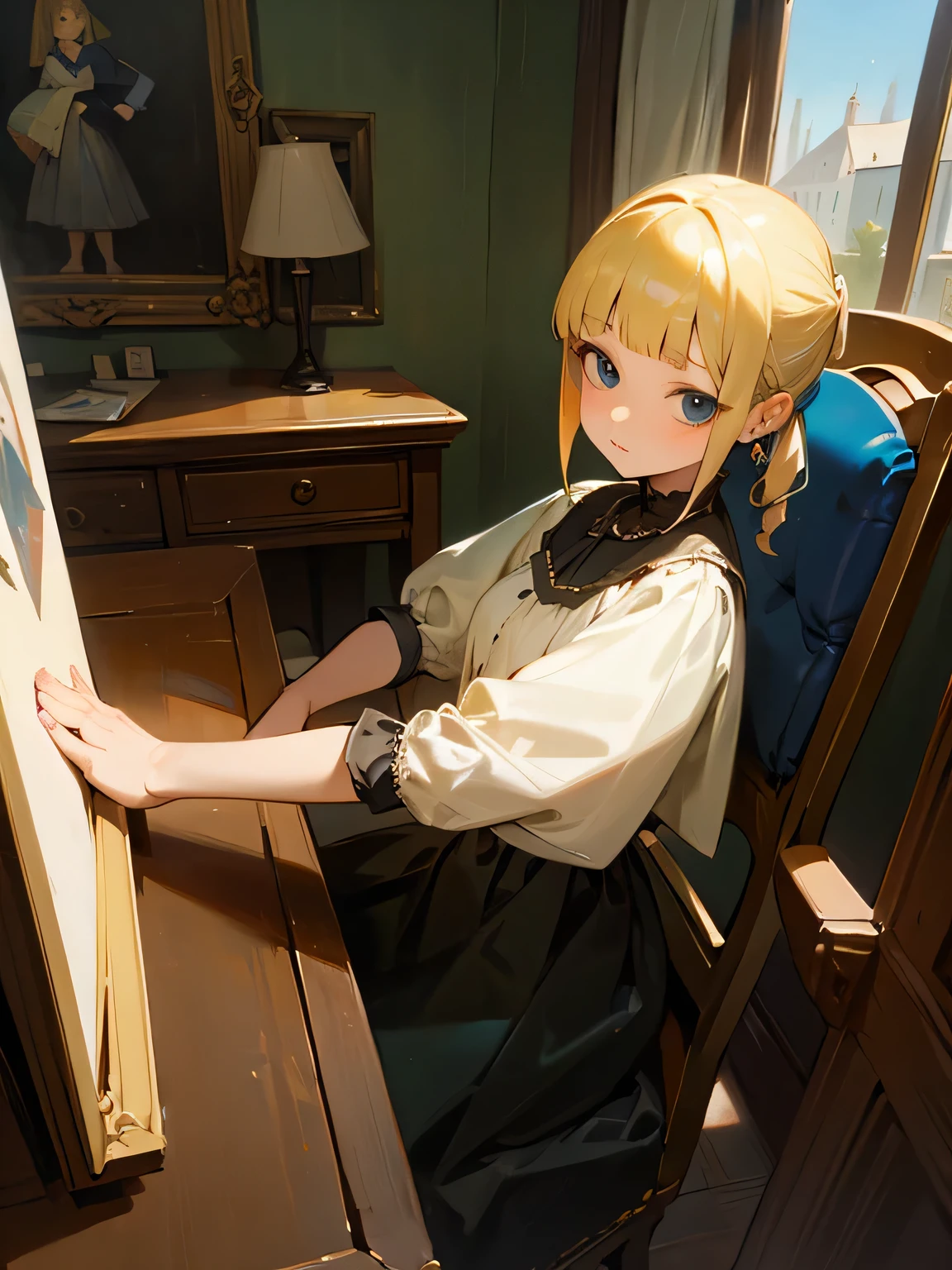 Tabletop, girl,World Masterpiece Theatre, Ride Blonde Hair,  Adult Lady,  shape, Looking at the audience, Material, canvas, Oil,  Vermeer Artist ,