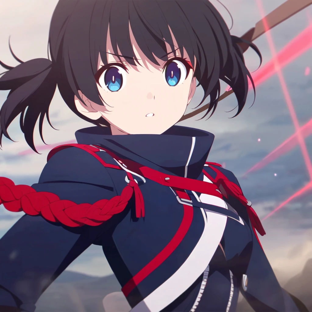 Girl, anime, warrior, short hair with some red and blue lines, pretty eyes, black hair, full leather, young, with a fringe in front, with pigtails, 