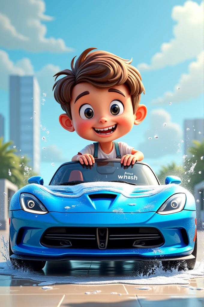 Create me a logo mascot where the mascot is a boy washing a blue sports car and that rriva has the words "WHASH ME"