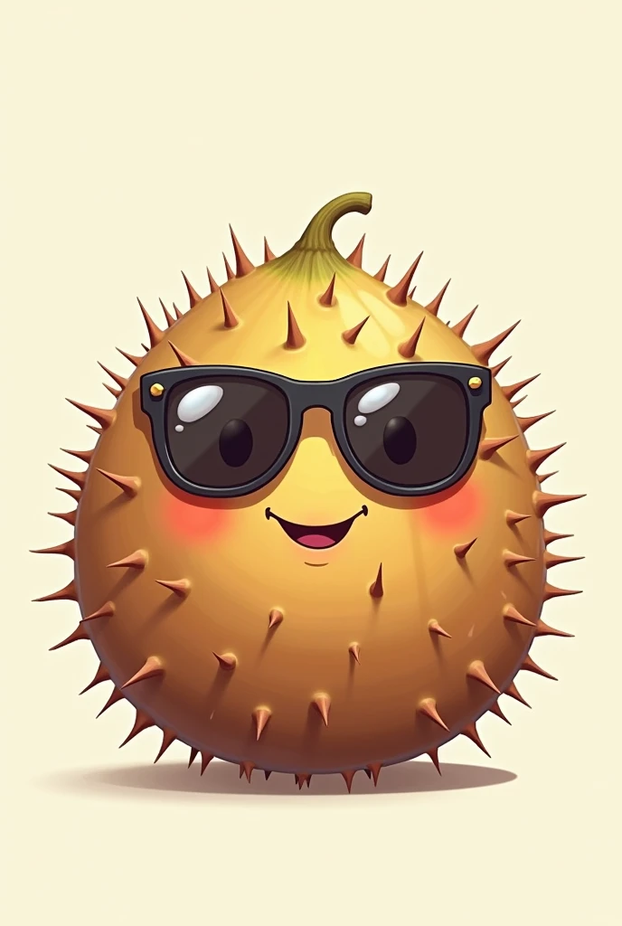 Make a 2D drawing of a brown seed, round, full of thorns, This seed contains a smiling face and wears sunglasses.
