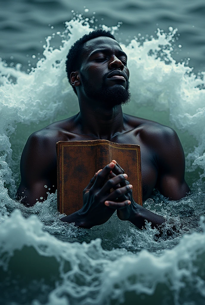 An image of a dark skin man holding a bible and praying while drowning in water . Make it more realistic