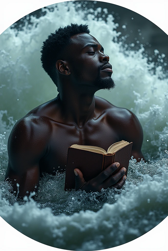 An image of a dark skin man holding a bible and praying while drowning in water . Write eljunior_da_best as a round shaped logo
