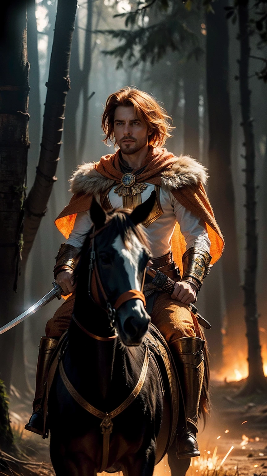 A male warrior ginger hair riding on a hors, holding A sword with both hands, illuminated by a fiery orange aura that highlights intricate golden designs on the blade and hilt; rugged expression, dark tousled hair flowing freely, clad in elaborate metallic Armor with "STAR OF DAVID" a dark cloak draping over his back; misty twilight forest background with dark looming trees, smoky ethereal air, glowing embers and sparks around; earthy browns, oranges, and golds dominate the scene, contrasting--shot on Sony A7S III, f/ 9. 0, 1/ 500, sharp focus 64k unsaturated, masterpiece, best quality cinematic Sony A7S III, shallow depth of field, 100mm f/2.4, natural light, cinematic, widescreen aspect ratio, Cinematic Dramatic, inside epic place, epic background, Sci-fi film style, natural textures, hyper-maximalist, sharp focus, dynamic pose.