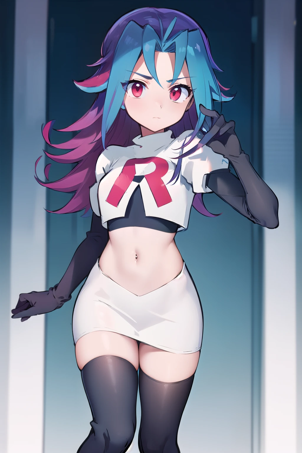 masterpiece, best quality, highres, kr1, multicolored hair, dyed bangs, team rocket,team rocket uniform,white skirt,red letter R,crop top,black thigh-highs,black elbow gloves, cowboy shot,