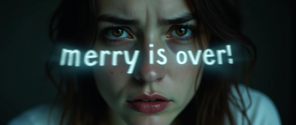 A photorealistic image captures the intense gaze of a woman whose eyes are filled with deep sadness and anger. Her eyes are dark and piercing, slightly bloodshot with the traces of recent tears still visible on her flushed cheeks. The expression on her face conveys a raw, powerful emotion, as if she is on the brink of breaking, yet holds a fierce resolve.
Suspended in the air between her eyes and the viewer, a translucent, almost ghostly message reads: "Mercy is over!" The text appears as if it's floating, slightly blurred at the edges, with the letters formed from a faint mist or smoke that lingers in the space. The words are sharp and clear, hovering just in front of her gaze, creating a surreal yet powerful effect.
The lighting is soft, casting subtle shadows that accentuate the lines of her face and the intensity of her expression. The background is dark and out of focus, drawing all attention to her face and the ominous message suspended before her. The overall tone of the image is haunting, with the ethereal text adding a layer of depth to the woman's emotion, making the scene both unsettling and deeply evocative.