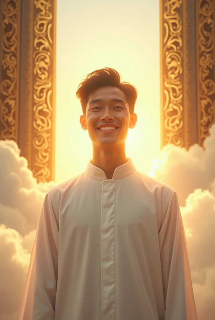Make me a photo of an Indonesian man in his 20s wearing a Catholic white robe, with the background of 2 golden gates of heaven above the clouds, very realistic, photo taken using a Nikon camera, his face smiling looking at the camera, His entire face robed shining like the sun