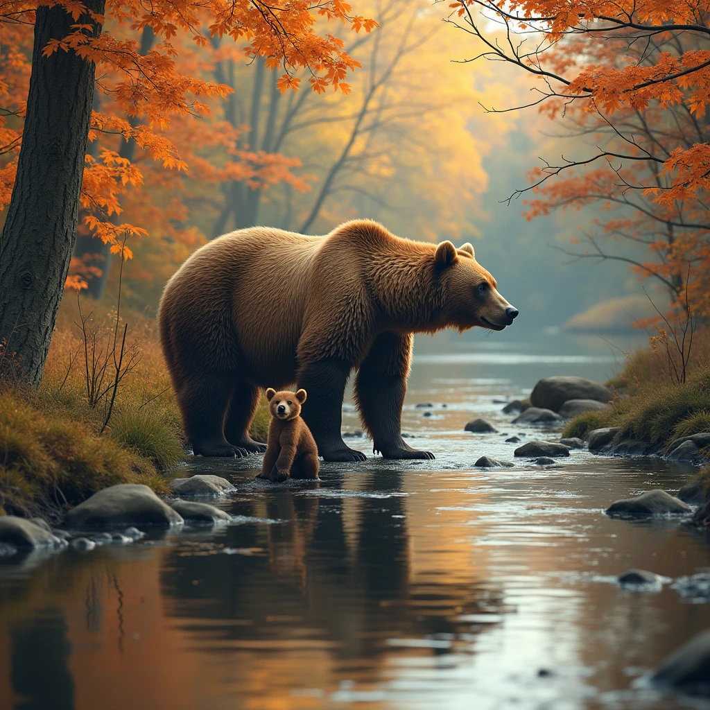 no human, autumn, river, a large brown bear and small bears,