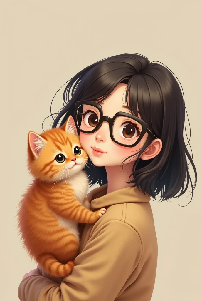 Fluffy orange Persian kitten standing on the shoulder of a teenage short-haired girl wearing glasses portrait