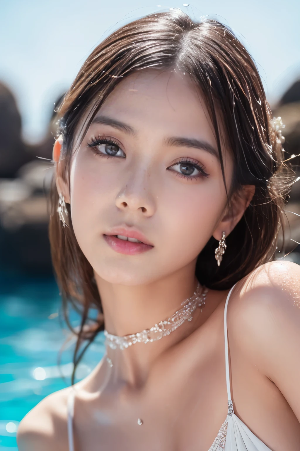 a beautiful woman, extremely detailed wet sexy lips, high quality, photorealistic, 8k, professional photography,  luxury makeup, flawless skin, elegant sexually expression, intricate details, delicate features, extreame small and thin white swimware