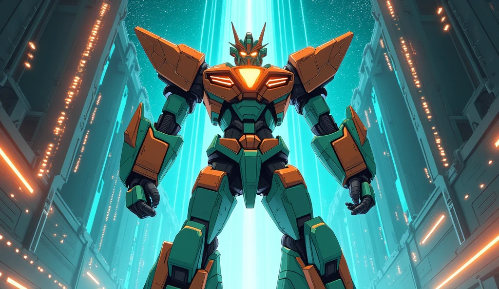 Anime style, Giant Robot, A mint and orange superhero like Zeus　universe, Battleship,