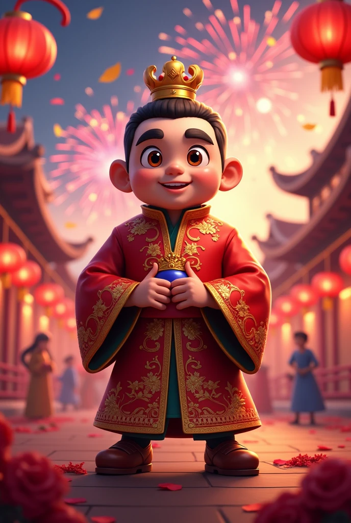 Edgar, from Brawl Stars, our beloved hero, stands in the middle of a dazzling Lunar New Year celebration.. He wears a red silk robe decorated with intricate gold embroidery, and a small crown on his head that reflects the sparkle of gold.. His wide eyes shine with wisdom and kindness, and his warm smile lights up his face.. Behind him, red lanterns are scattered, and fireworks fill the sky with bright colors.. Edgar stands confidently, a symbol of happiness and good luck in the new year..