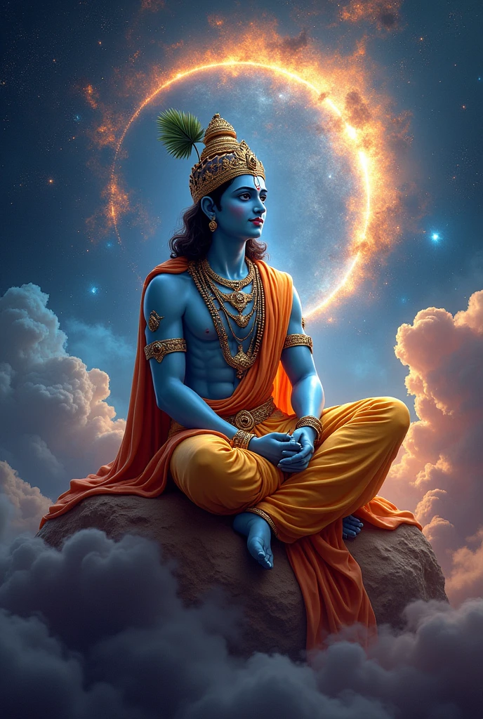 create a picture where lord krishna a hindu male god sitting in universe on a universe and surrounded by universe and glasses