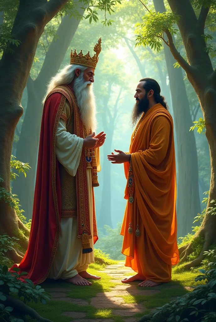 One king with long beard met a bramhana pandita in the middle of forest and they are taking each other