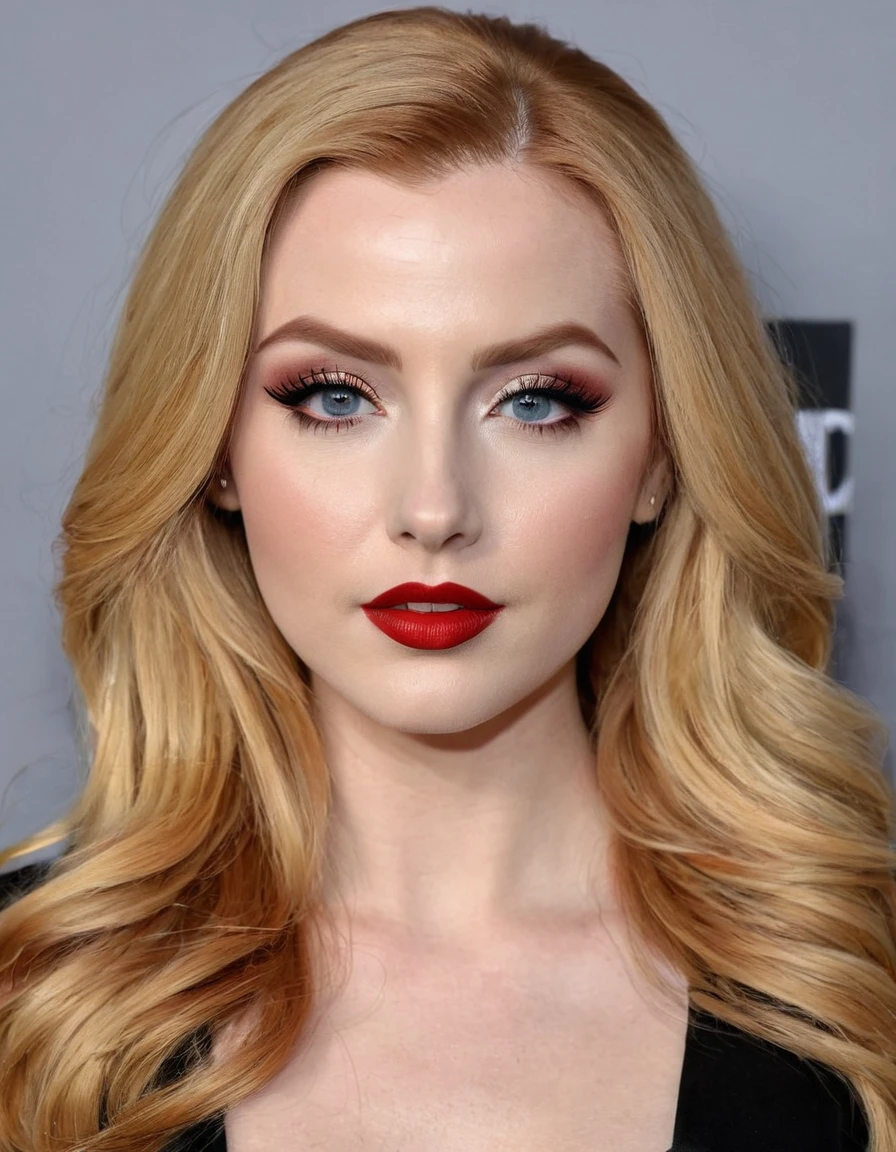 A waist-up portrait of a beautiful female whose facial features are a combination of Molly C. Quinn + Saxon Sharbino. The female has lovely makeup on her face. The female wears red lipstick. Symmetrical eyes. Symmetrical face. Lovely details. Photorealistic. Full-colored photo. Professional photo. Highly detailed 8K.