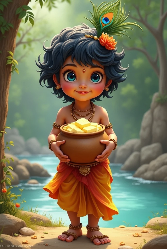 God Krishna eating butter from a pot in his childhood under a tree
