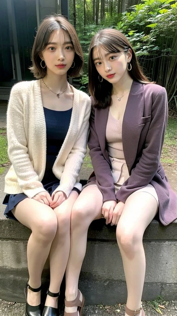 ((High-definition images, masterpiece, atmospheric perspective, 8k, Super detailed, Accurate, highest quality)), (((Cute Western woman masturbating))), (casual style), Jacket, unbuttoned shirt, swollen areole, (round face, realistic size of eyes, droopy eyes, blush, smile), (((stand and spread your legs, focus on pubic hair))), (in the forest, Mountain, rock, Narrow River, At night), blonde braided hair, small earrings, thin necklace, (light makeup), 
(((cloned face)))
(((similar identical twins)))
All the girls have the exact same face, The two have the same face and figure, as if they were mirror images