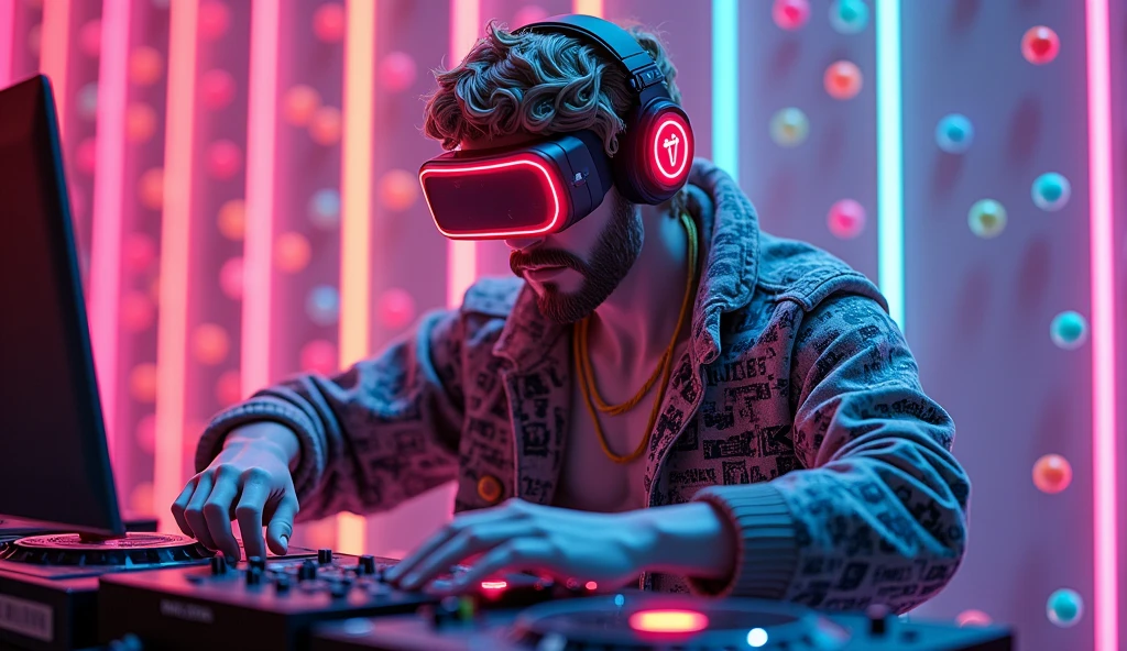 A striking piece of digital art that combines classical Greek-style stone sculpture with futuristic cyberpunk elements, reimagining the iconic David as a dynamic and modern DJ. The character is wearing a stylish graffiti jacket, bright red circular headpiece and 3D virtual reality glasses, and is happily controlling the DJ board. A glowing neon cigarette in hand adds a surreal feel, and a gold necklace symbolizes the connection between past and present. The scene is a mesmerizing neon mosaic, with a background radiating seven vivid colors from musical notes, creating a space that is both nostalgic and modern. This work skillfully combines traditional art with modern technology, challenging artistic conventions and igniting the imagination. (8k) (HD)