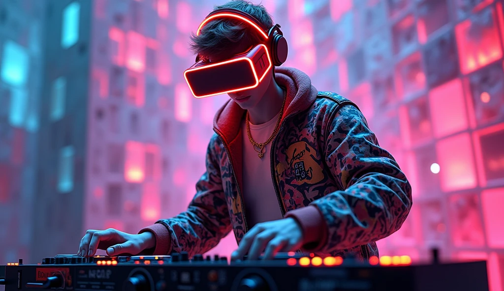 A striking piece of digital art that combines classical Greek-style stone sculpture with futuristic cyberpunk elements, reimagining the iconic David as a dynamic and modern DJ. The character is wearing a stylish graffiti jacket, bright red circular headpiece and 3D virtual reality glasses, and is happily controlling the DJ board. A glowing neon cigarette in hand adds a surreal feel, and a gold necklace symbolizes the connection between past and present. The scene is a mesmerizing neon mosaic, with a background radiating seven vivid colors from musical notes, creating a space that is both nostalgic and modern. This work skillfully combines traditional art with modern technology, challenging artistic conventions and igniting the imagination. (8k) (HD)