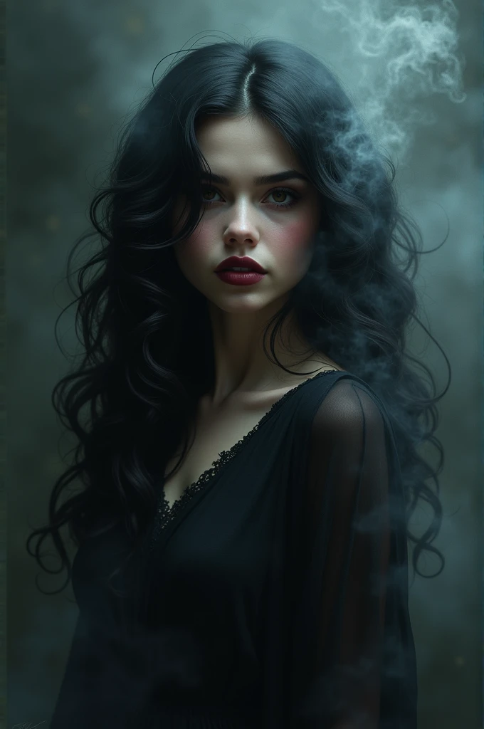 an image of aura evil girl with black hair and big curls, black eyes, Wine-colored lips and smoke makeup