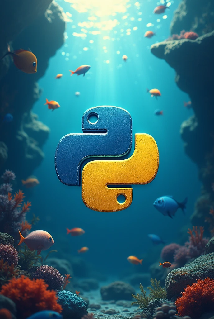 python programming logo under the water and inside the water number of coloured fishes in it