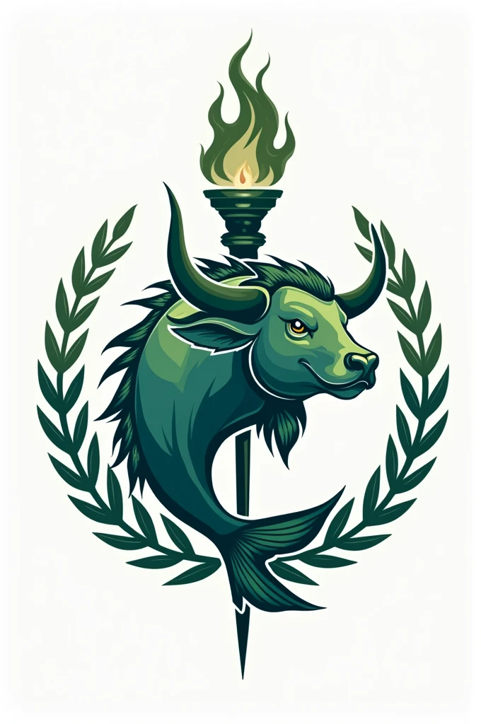  Design a logo featuring a unique combination of a fish and a water buffalo, adorned with a torch and laurel elements. Incorporate shades of green and blue to convey a sense of harmony and tranquility. Be creative and innovative in showcasing the fusion of these symbols to symbolize strength, power, and growth
((best quality)), ((masterpiece)), (detailed), perfect face