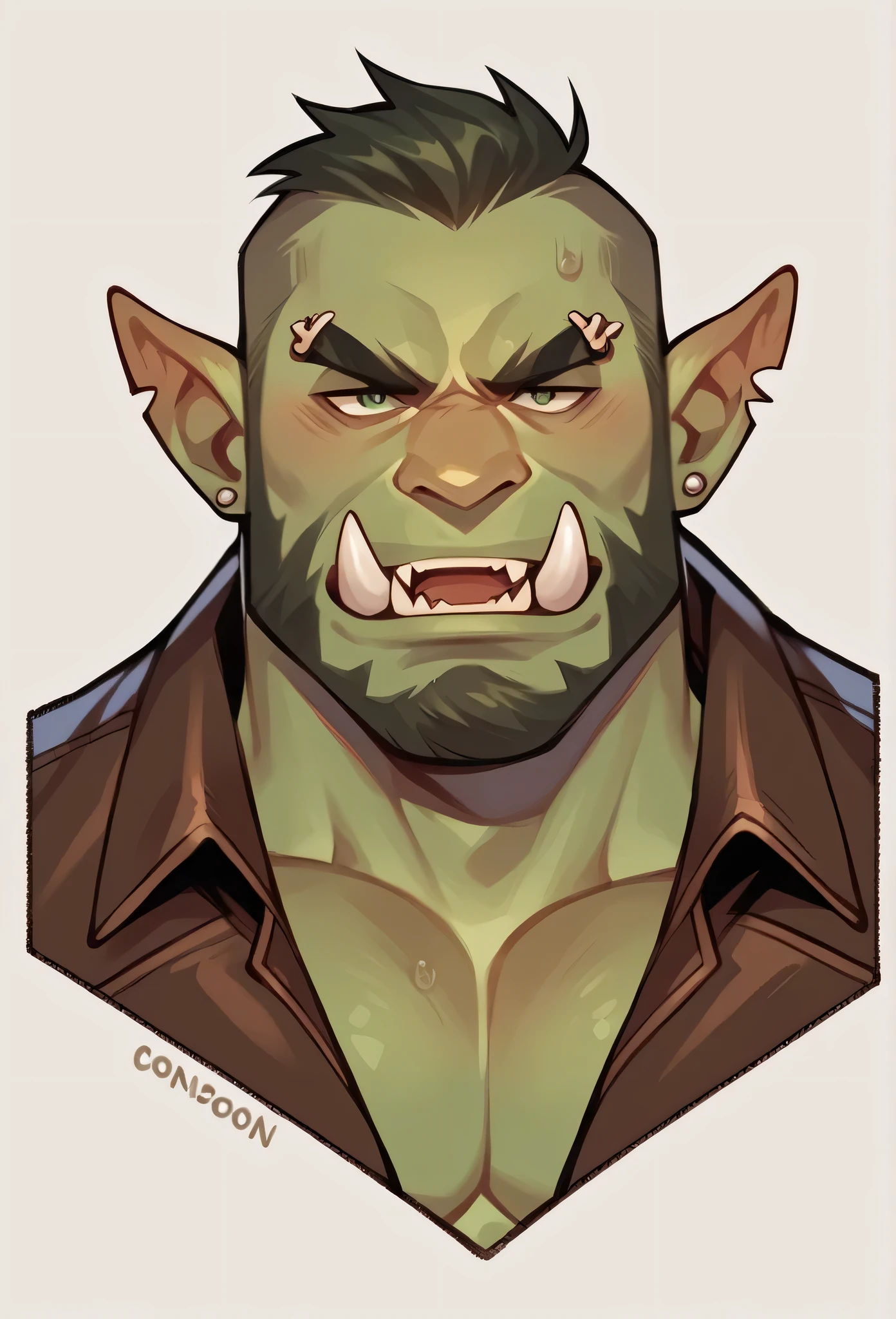 Green man orc, male, con piercings, Fangs, black wavy crest, with clothes made of brown leather, with a short beard and wavy mustache
