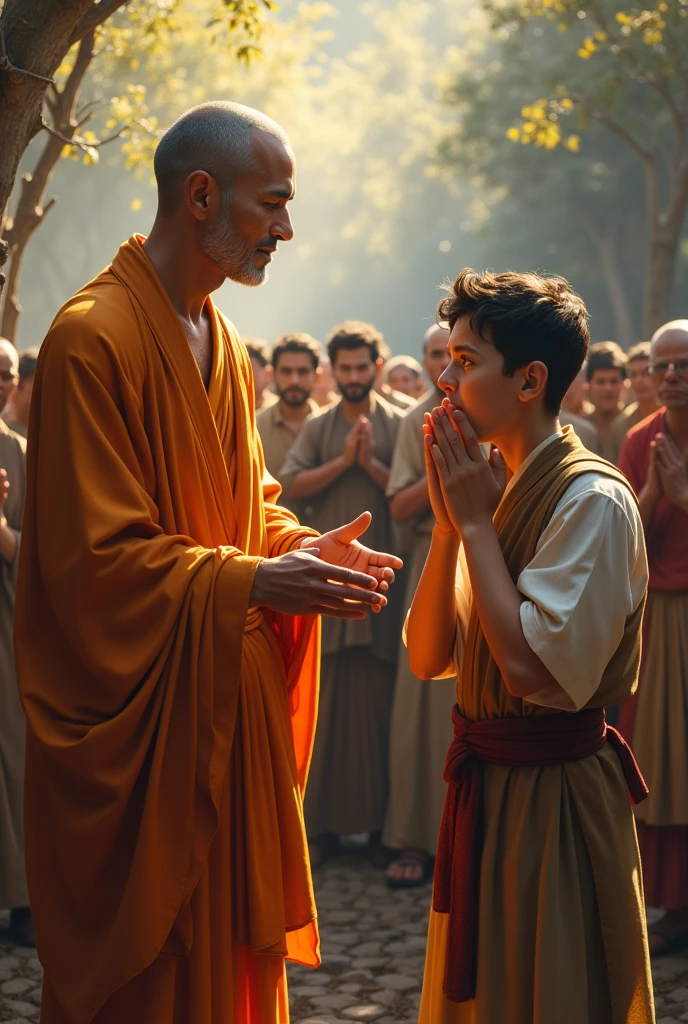 "Gautam Buddha, with a calm face, telling the young man about the king’s blind son. The young man, startled and frightened, covers his eyes with both hands, showing shock and disbelief. Buddha remains serene, while the background shows concerned villagers."