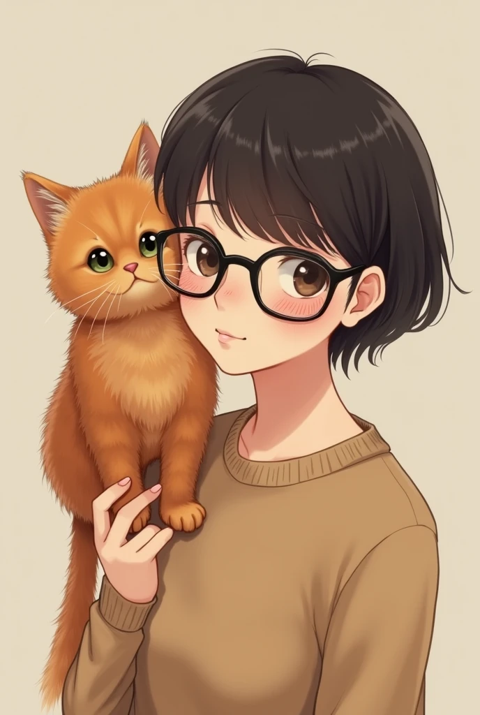 Hello Kitty kitten with eyeglasses and dark brown curly hair 