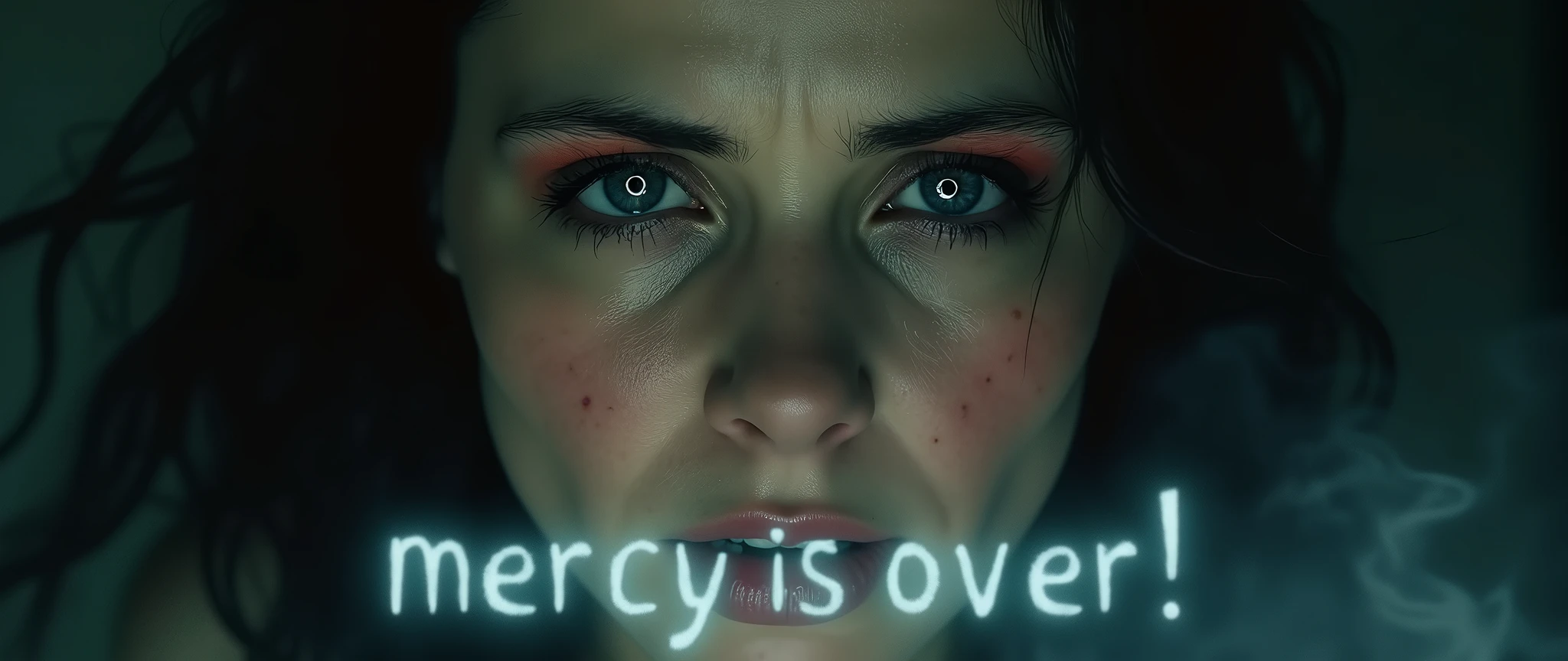 A photorealistic image captures the intense gaze of a woman whose eyes are filled with deep sadness and anger. Her eyes are dark and piercing, slightly bloodshot with the traces of recent tears still visible on her flushed cheeks. The expression on her face conveys a raw, powerful emotion, as if she is on the brink of breaking, yet holds a fierce resolve.
Suspended in the air between her eyes and the viewer, a translucent, almost ghostly message reads: "Mercy is over!" The text appears as if it's floating, slightly blurred at the edges, with the letters formed from a faint mist or smoke that lingers in the space. The words are sharp and clear, hovering just in front of her gaze, creating a surreal yet powerful effect.
The lighting is soft, casting subtle shadows that accentuate the lines of her face and the intensity of her expression. The background is dark and out of focus, drawing all attention to her face and the ominous message suspended before her. The overall tone of the image is haunting, with the ethereal text adding a layer of depth to the woman's emotion, making the scene both unsettling and deeply evocative.