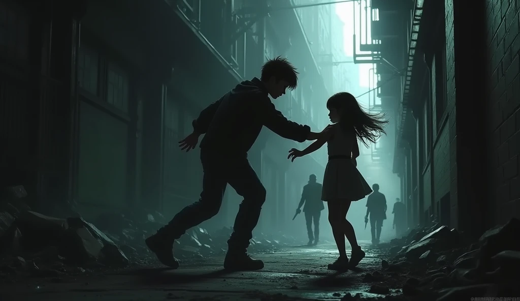 Boy tells girl to run while he tries to hold off the attackers.