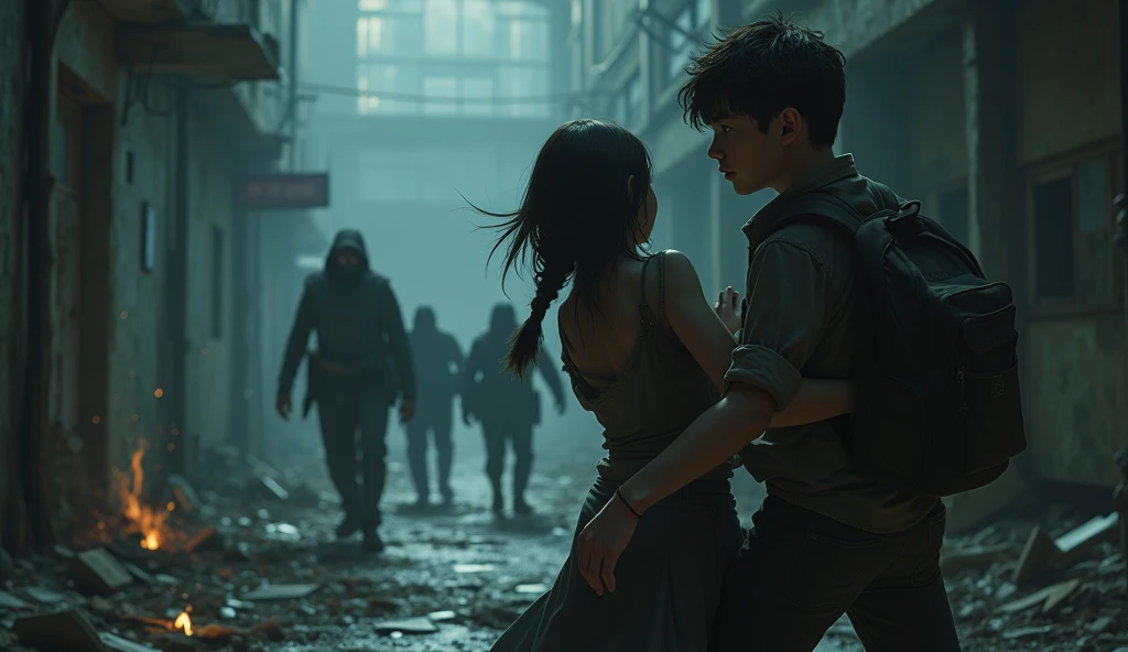 Boy tells girl to run while he tries to hold off the attackers.