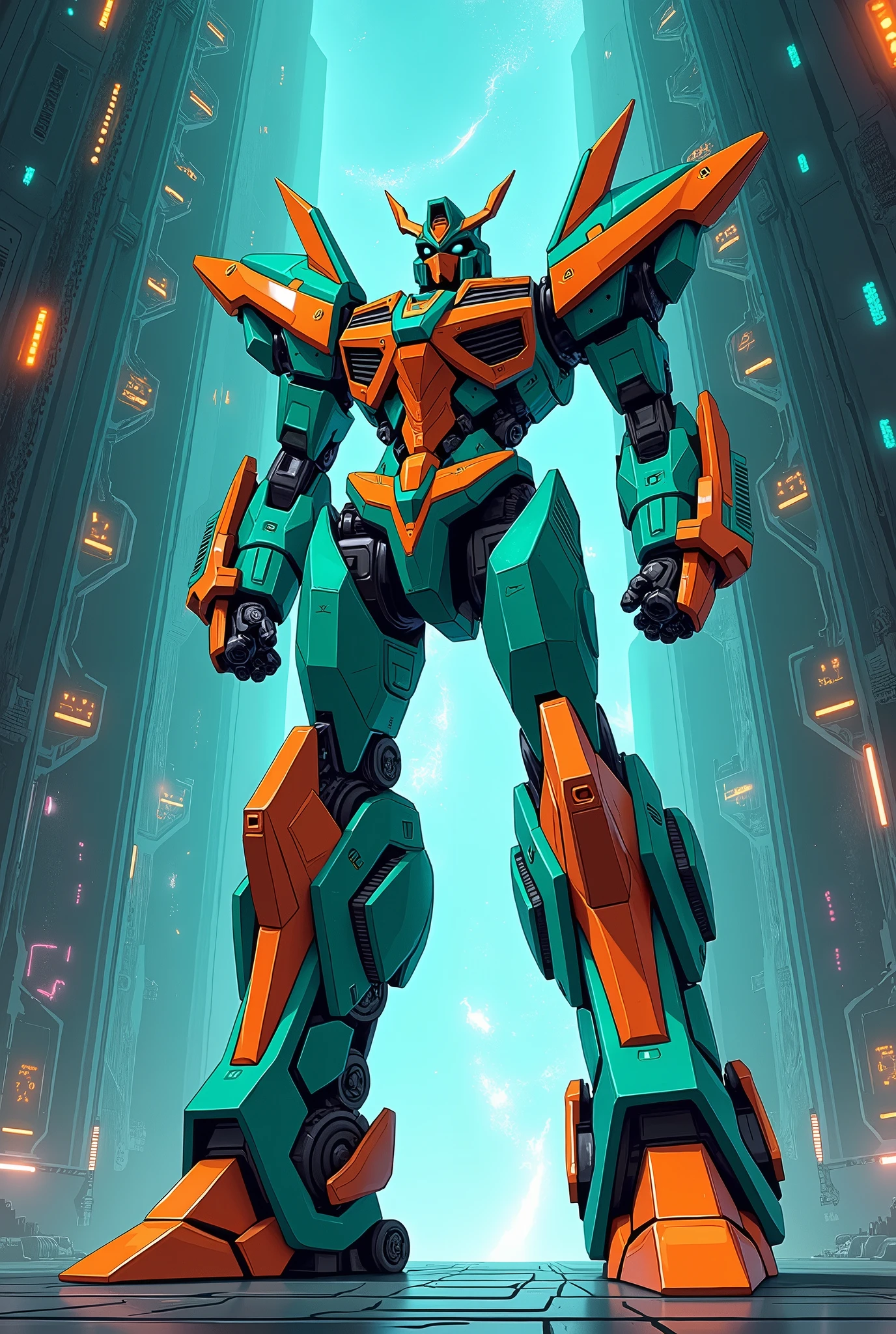 Anime style, Giant, A mint and orange superhero like Zeus universe, Battleship,
