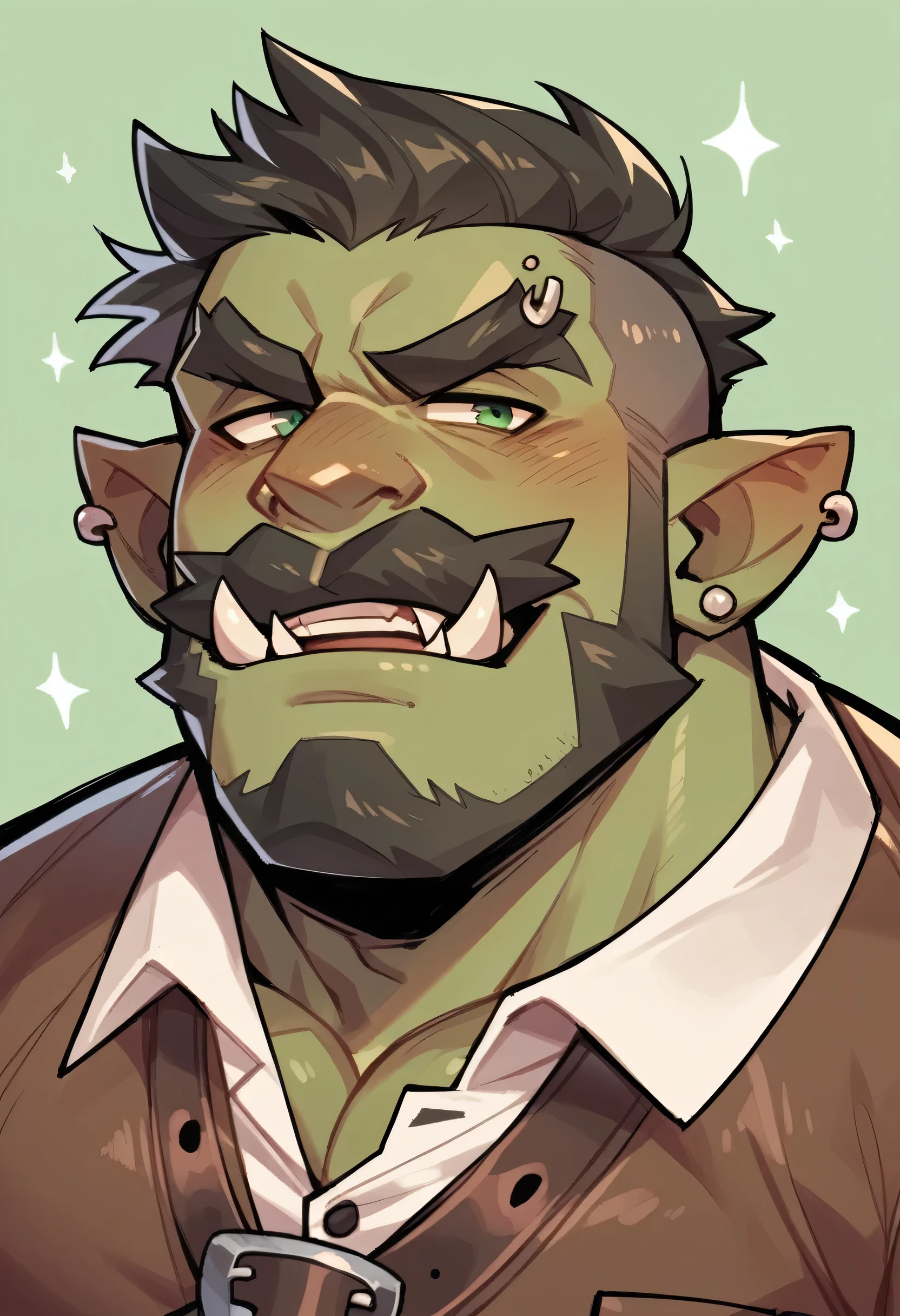 Green man orc, male, con piercings, Fangs, black wavy crest, with clothes made of brown leather, with a short beard and wavy mustache