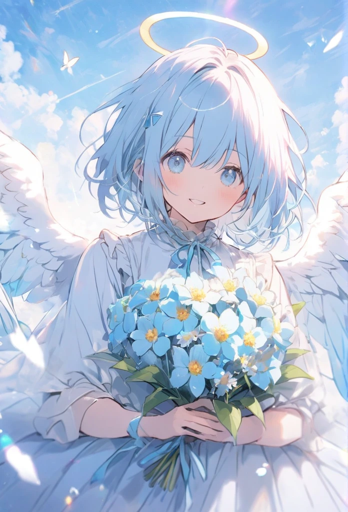 Light blue hair,Blue Eyes,Bob,Angel,I'm holding a bouquet of flowers,butterfly々is flying,There are flowers around