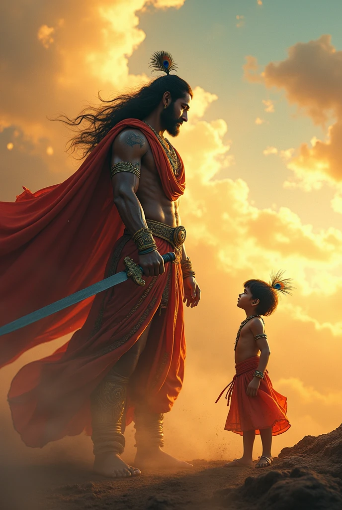  Lord Yogeshwar in battle ground, little Krishna in front of Yogeshwar, battle ground, yellow and blue sky, curry hair of little Krishna, 4k resolutions 