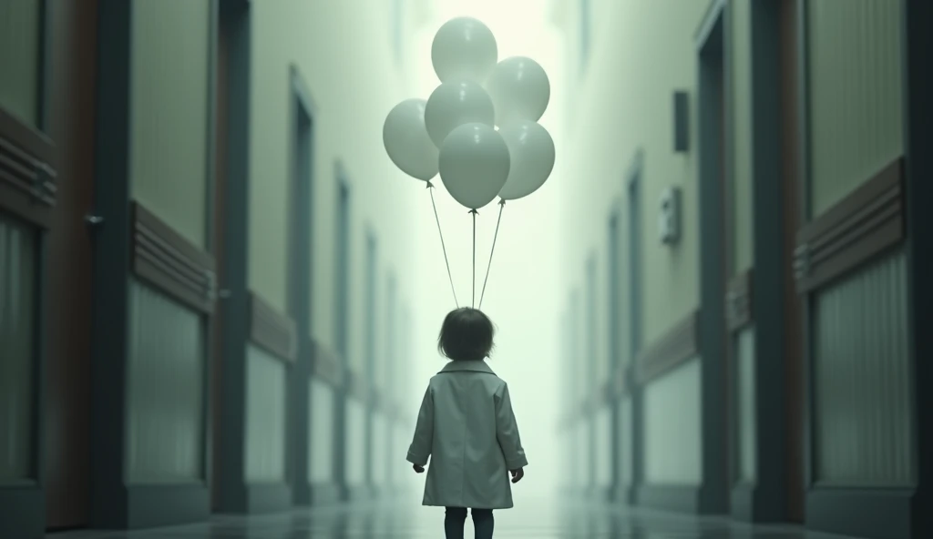A faint image showing a child in a white coat, backwards, holding several white balloons floating towards the sky. The environment could be a dark hallway, with only a faint glow surrounding the child, symbolizing its purity and connection with the afterlife.
