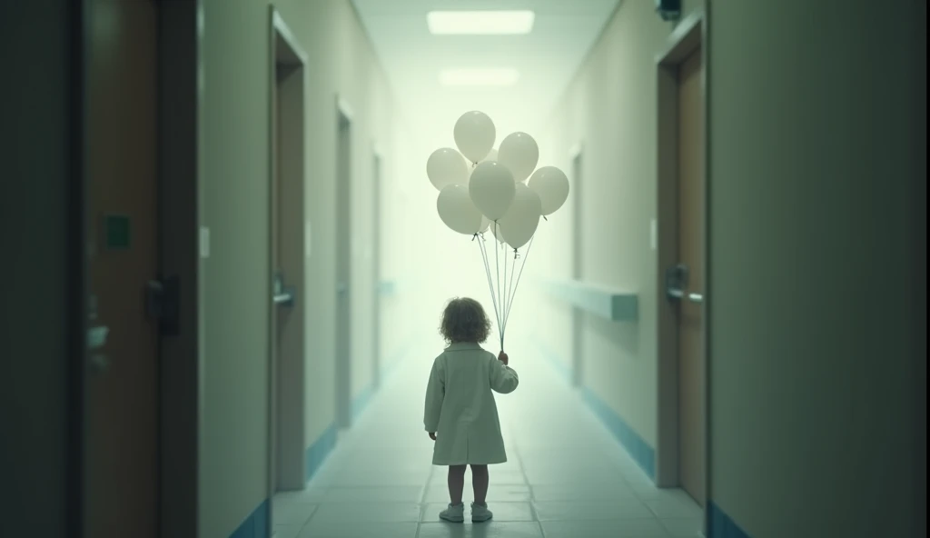 A faint image showing a child in a white coat, backwards, holding several white balloons floating towards the sky. The environment could be a dark hallway, with only a faint glow surrounding the child, symbolizing its purity and connection with the afterlife.