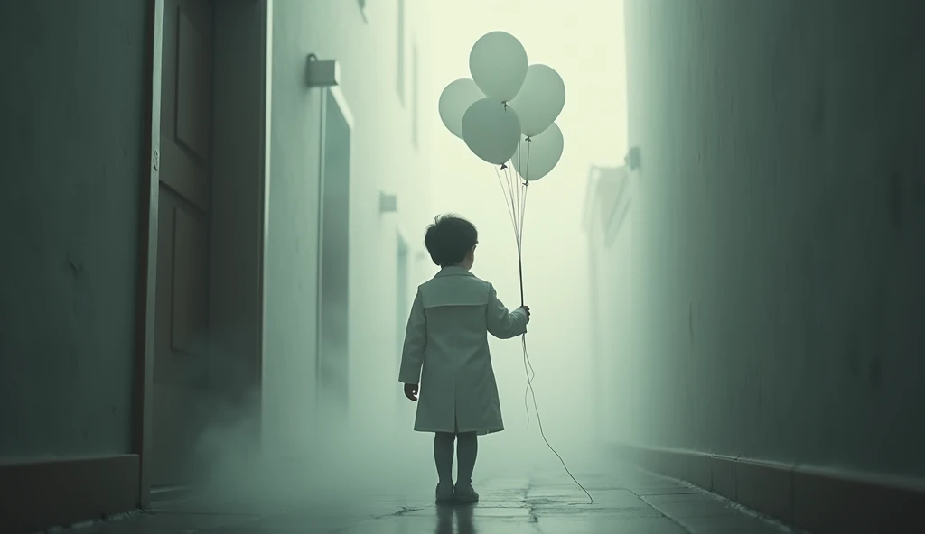 A faint image showing a in a white coat, backwards, holding several white balloons floating towards the sky. The environment could be a dark hallway, with only a faint glow surrounding the child, symbolizing its purity and connection with the afterlife.