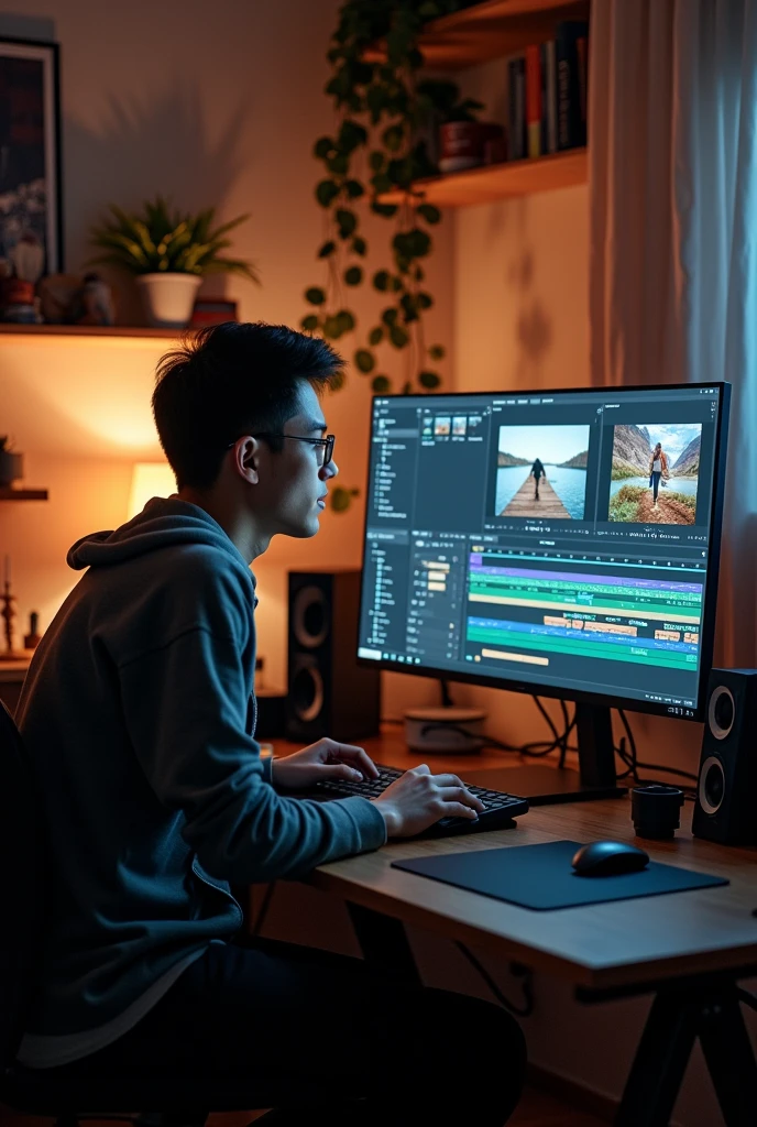 video editing in front of computer in room