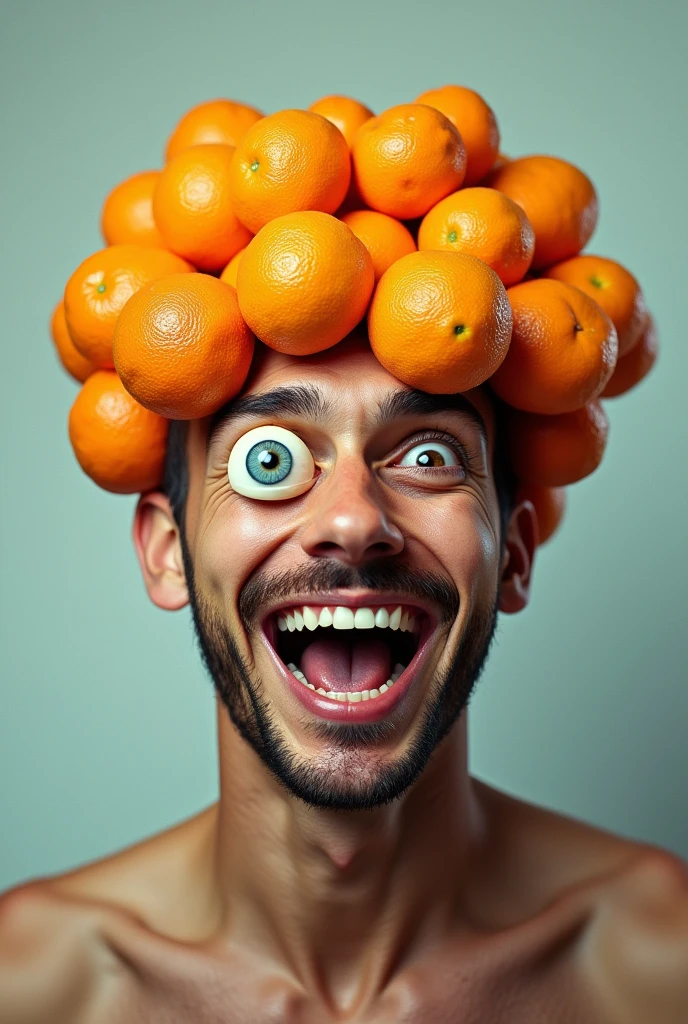 A man with one eye,
,brain made of oranges, laughing out loud