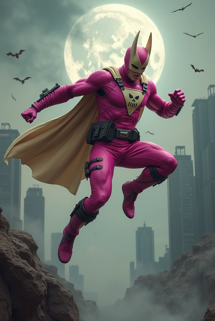Malaysia man in high-tech suit, vivid effects, malaysian superhero (KELUANG MAN)(( in a striking pink and beige costume cyberpunk design, mask small mini bat ear beige, daredevil beige mask, ))jumpsuit dark pink stands confidently in a dramatic.jumping from high place.hero costume.one hand rise up. Big triangle logo on the chest.high detail Punisher logo on the chest. Fighting pose , stormy landscape. ((Head covered node guard like batman. Running pose , athletic body type, small mini ear bat mask))The character wears domino mask a helmet with pointed mini torn ears and a flowing cape biege, open nose and mouth. Equipped with visible futuristic weapons on a belt,bullet proof jacket pink dark day.show fingers pose, dark night, big supermoon effect . Small logo on chest triangle shape small punisher logo center(( skull triangle Casey Jones mask shape logo)) center on chest pink logo mini logo . rocky. Building top.smoke ground.((jumping from the building Man hangging on the black rope)) , bomb effect background, losse pants, losses costume.adding to --ar 3:4 --style raw --stylize 500 --v 6.1. chaos. Lot of small flying bat. One leg on the high stone. Man. Wear hologram watch.. Real man age 40 year old. One hand holding belt.one hand holding black rope hanging on building. Big pant pink. Beige cape joodie.(( Loose pant)) , jump on high building)marvel , X-Men.