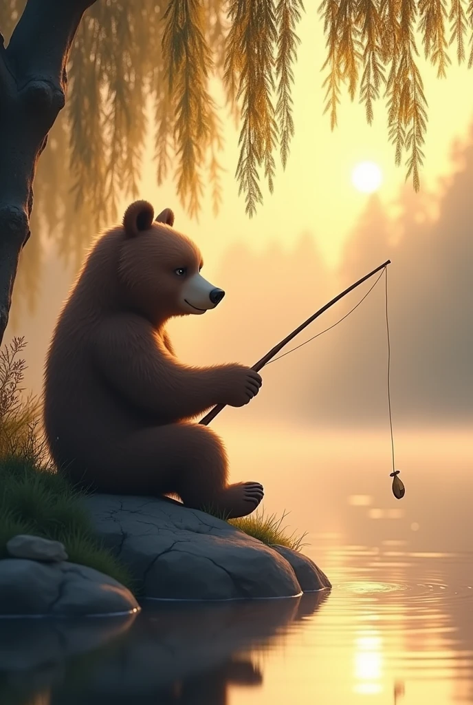 On the lakeside with a faint morning light, a bear with shiny fur sat quietly on a rock under the shade of willow trees, holding a homemade fishing rod in its hand, leisurely and carefree. On the lake, a thin mist lingers