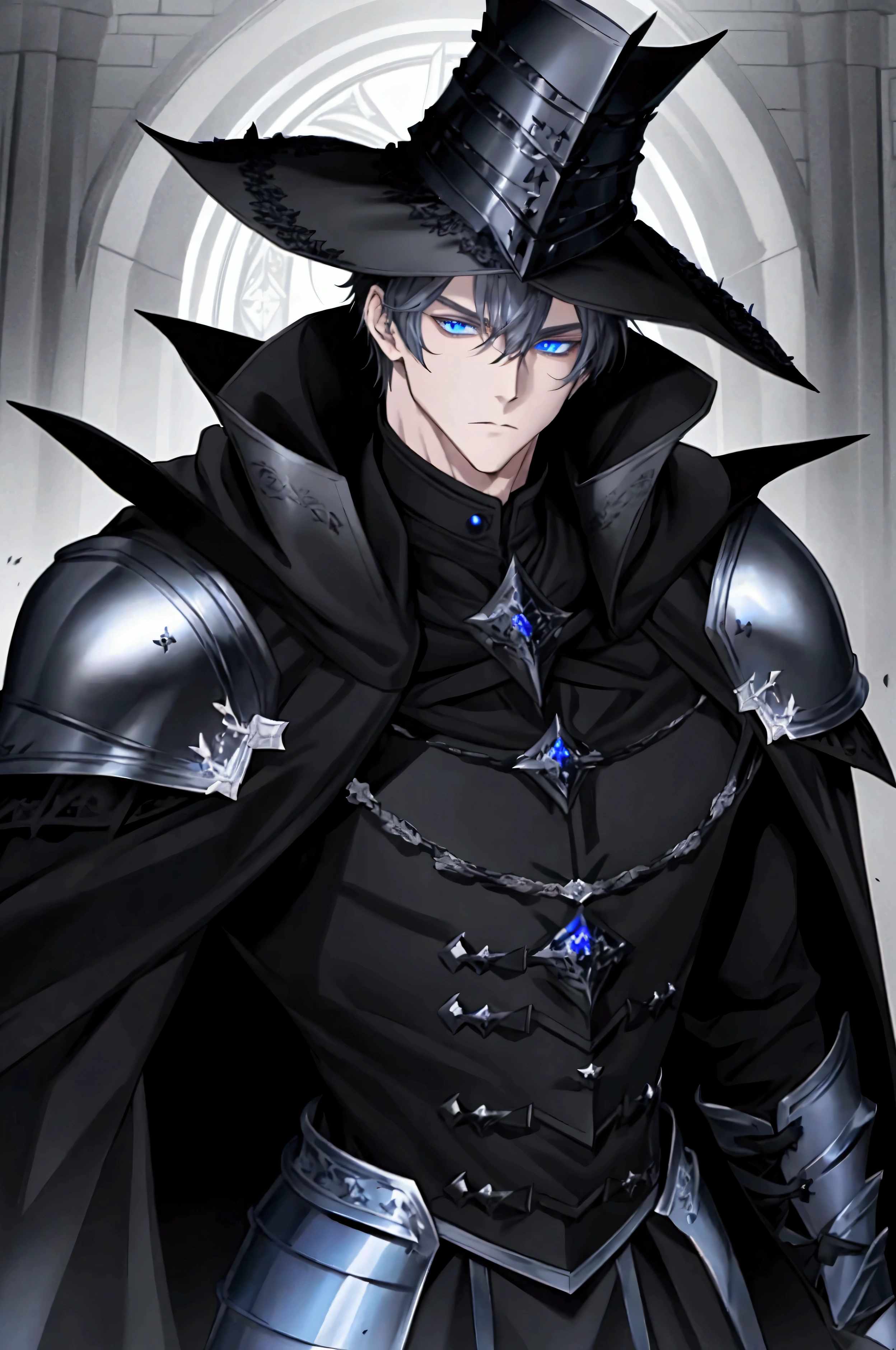White Knight ((Male)) One short-haired guy, Wearing heavy black armor((Black Armor)),black top hat,((black long coat)), ((all black)), (blue eyes) , handsome , Facial expressions,Black sword handle, black knight armor , black fur shawl(Masterpiece,best quality,special, (Broad shoulders)) (muscle) ,มีblue eyesถือดาบยาว