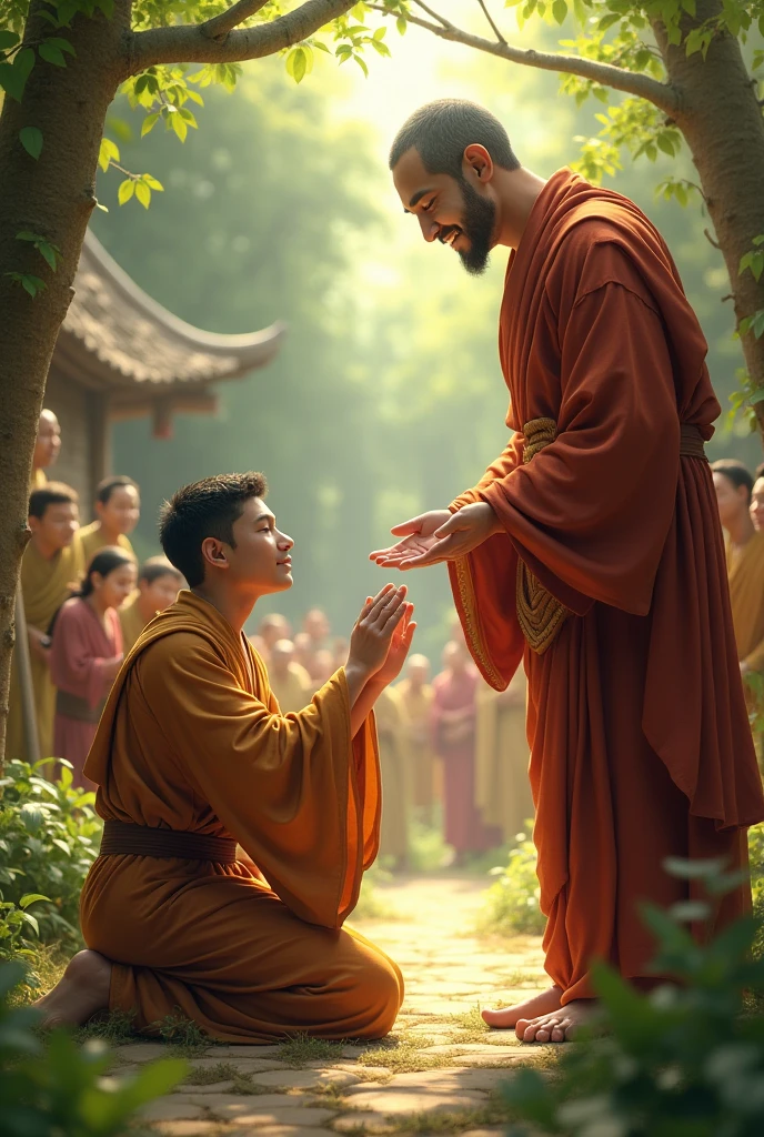 "The young man kneeling before Gautam Buddha, tears in his eyes, overwhelmed with emotion. Buddha gently lifting the young man with a compassionate smile. Villagers look relieved in the background, with a peaceful village setting."