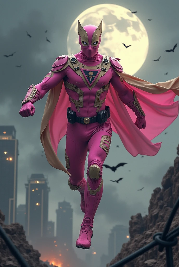 Malaysia man in high-tech suit, vivid effects, malaysian superhero (KELUANG MAN)(( in a striking pink and beige costume cyberpunk design, mask small mini bat ear beige, daredevil beige mask, ))jumpsuit dark pink stands confidently in a dramatic.jumping from high place.hero costume.one hand rise up. Big triangle logo on the chest.high detail Punisher logo on the chest. Fighting pose , stormy landscape. ((Head covered node guard like batman. Running pose , athletic body type, small mini ear bat mask))The character wears domino mask a helmet with pointed mini torn ears and a flowing cape biege, open nose and mouth. Equipped with visible futuristic weapons on a belt,bullet proof jacket pink dark day.show fingers pose, dark night, big supermoon effect . Small logo on chest triangle shape small punisher logo center(( skull triangle Casey Jones mask shape logo)) center on chest pink logo mini logo . rocky. Building top.smoke ground.((jumping from the building Man hangging on the black rope)) , bomb effect background, losse pants, losses costume.adding to --ar 3:4 --style raw --stylize 500 --v 6.1. chaos. Lot of small flying bat. One leg on the high stone. Man. Wear hologram watch.. Real man age 40 year old. One hand holding belt.one hand holding black rope hanging on building. Big pant pink. Beige cape joodie.(( Loose pant)) , jump on high building)marvel , X-Men.