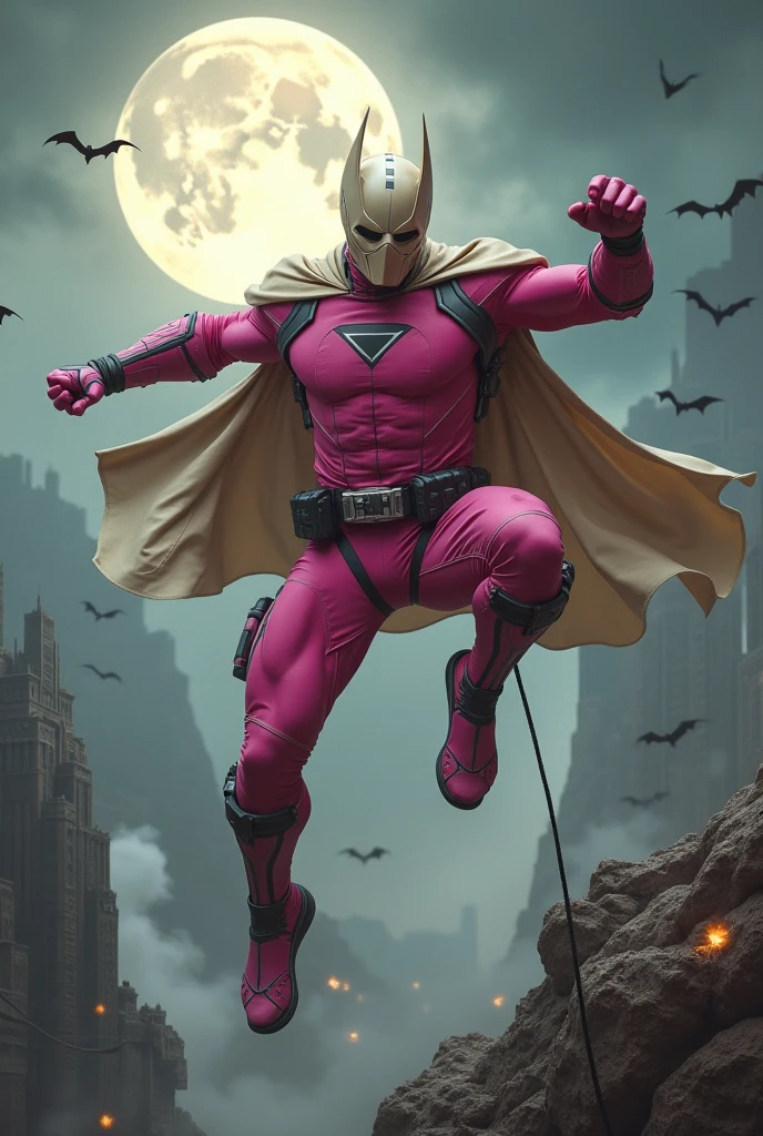 Malaysia man in high-tech suit, vivid effects, malaysian superhero (KELUANG MAN)(( in a striking pink and beige costume cyberpunk design, mask small mini bat ear beige, daredevil beige mask, ))jumpsuit dark pink stands confidently in a dramatic.jumping from high place.hero costume.one hand rise up. Big triangle logo on the chest.high detail Punisher logo on the chest. Fighting pose , stormy landscape. ((Head covered node guard like batman. Running pose , athletic body type, small mini ear bat mask))The character wears domino mask a helmet with pointed mini torn ears and a flowing cape biege, open nose and mouth. Equipped with visible futuristic weapons on a belt,bullet proof jacket pink dark day.show fingers pose, dark night, big supermoon effect . Small logo on chest triangle shape small punisher logo center(( skull triangle Casey Jones mask shape logo)) center on chest pink logo mini logo . rocky. Building top.smoke ground.((jumping from the building Man hangging on the black rope)) , bomb effect background, losse pants, losses costume.adding to --ar 3:4 --style raw --stylize 500 --v 6.1. chaos. Lot of small flying bat. One leg on the high stone. Man. Wear hologram watch.. Real man age 40 year old. One hand holding belt.one hand holding black rope hanging on building. Big pant pink. Beige cape joodie.(( Loose pant)) , jump on high building)marvel , X-Men.