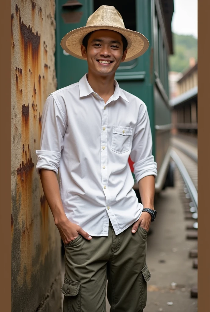 1man, solo, (realistic:2.0), (real photo:2.0), masterpiece, best quality, natural skin texture, asian man, photo realistic,

A Indonesian hansome man, translucent woven straw hat , light smile, mountain, (old train station:1.2), (rust marks:1.2), cave, train, railroad tracks, looking at the viewer, backlit, full body shot