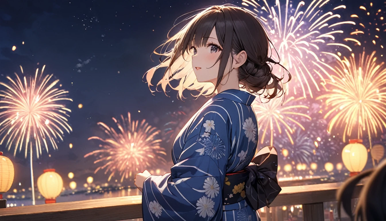 Highest quality,Wearing a yukata,firework,Night Sky